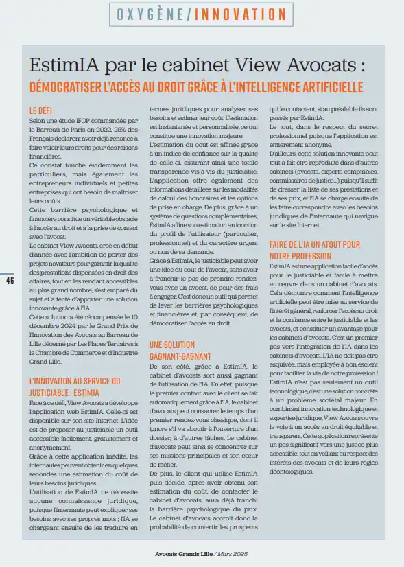 Article magazine Avocats Grand Lille Estim'IA prix de l'innovation View Avocats Lille