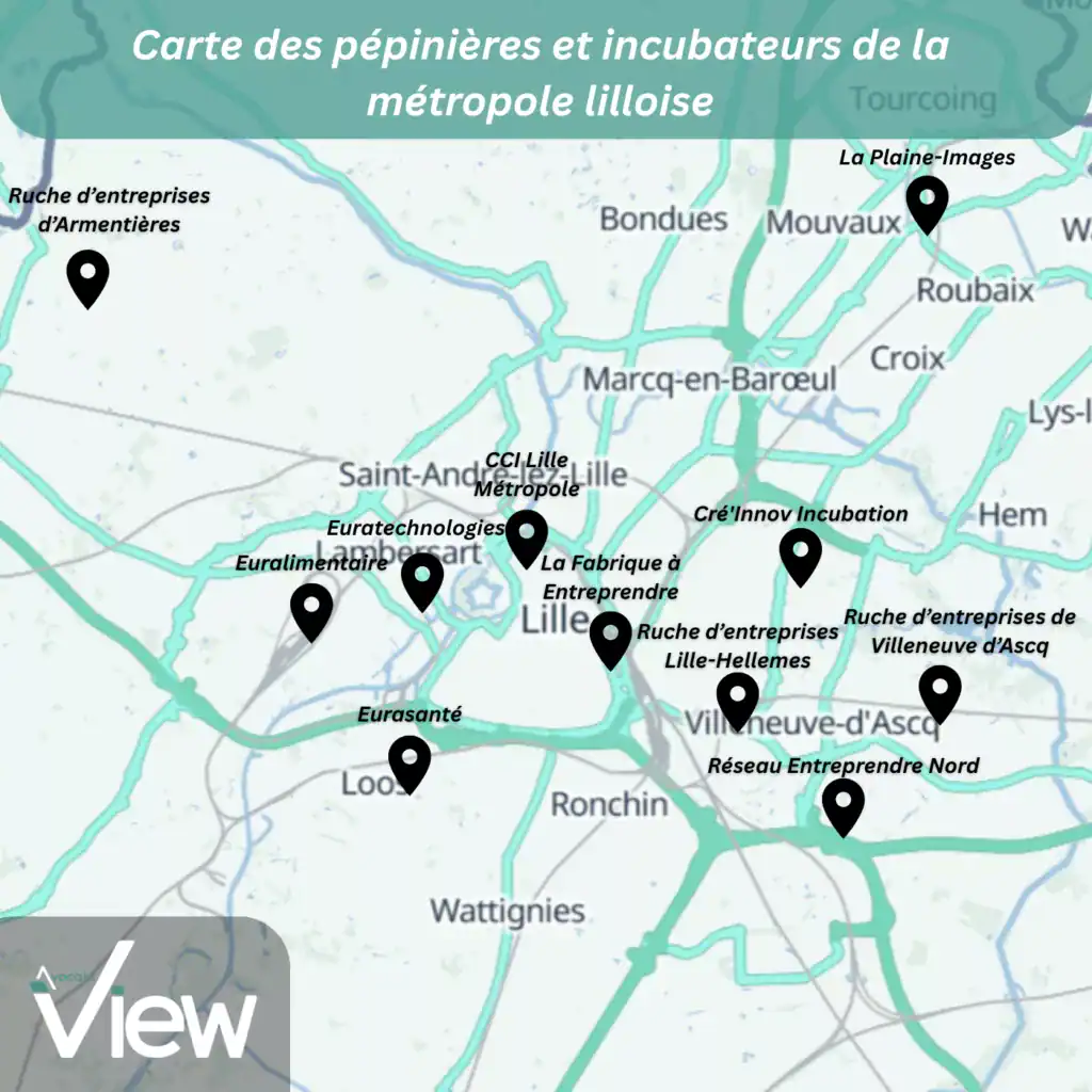Carte des incubateurs et pépinières d'entreprises dans la métropole lilloise