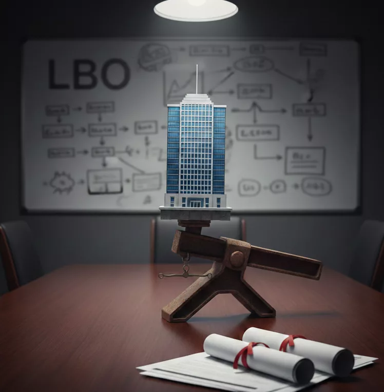 LBO marqué sur un tableau flou avec une entreprise en levier