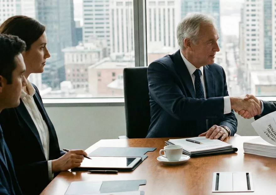 Des associés en réunion pour acheter une entreprise