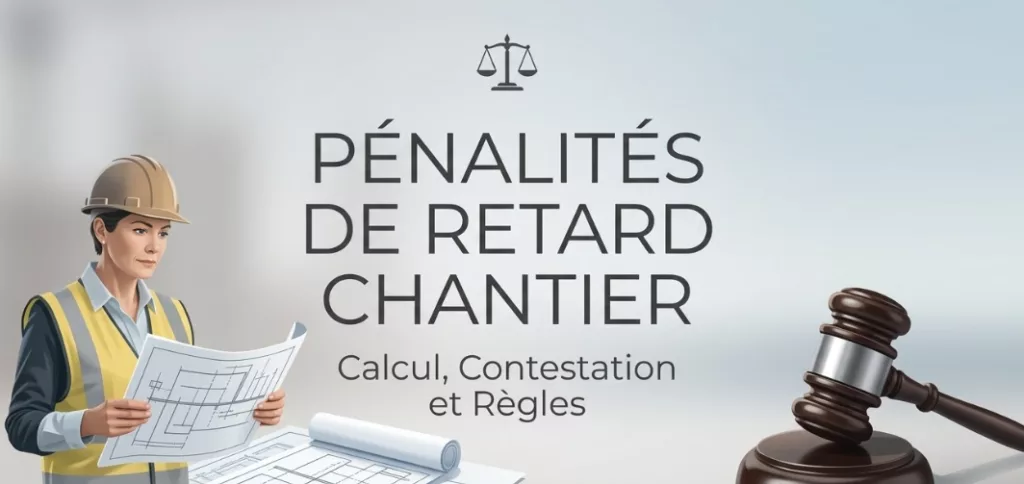 Une femme en tenue de chantier qui lit un plan de construction avec marqué pénalité de retard de chantier
