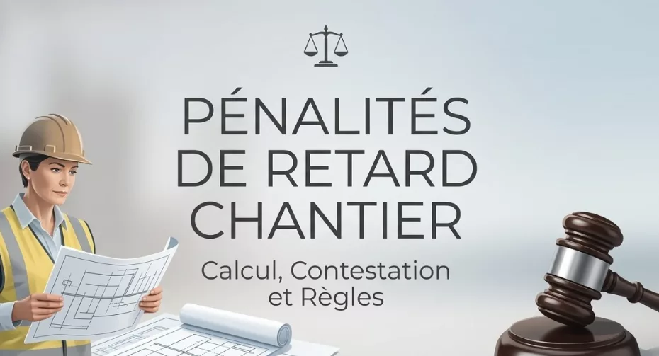 Une femme en tenue de chantier qui lit un plan de construction avec marqué pénalité de retard de chantier