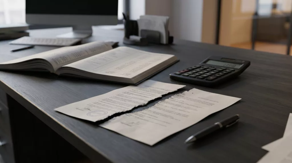 Contrat commercial déchiré sur un bureau, à côté d'une calculatrice et d'un registre comptable