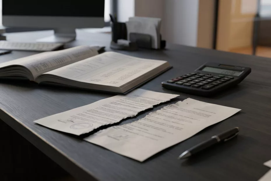 Contrat commercial déchiré sur un bureau, à côté d'une calculatrice et d'un registre comptable